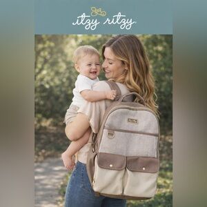 Itzy Ritzy Taupe & Cream Herringbone Diaper Backpack with matching diaper pad